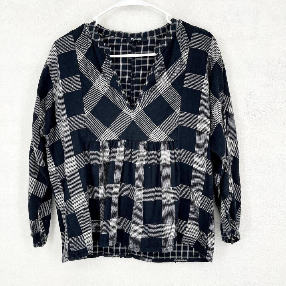 Madewell Navy Plaid Long Sleeve Casual Blouse Size Medium‎